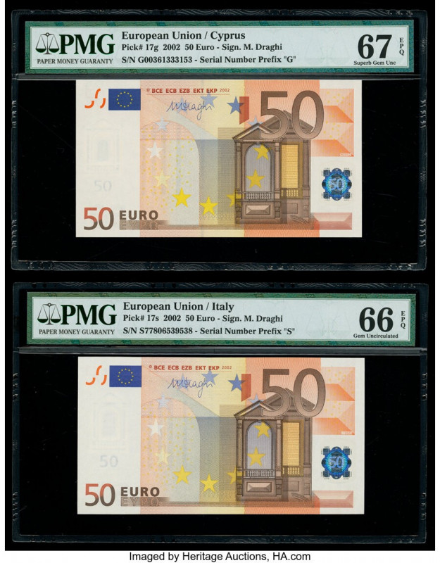 European Union Central Bank, Cyprus; Italy 50 Euro 2002 Pick 17g; 17s Two exampl...