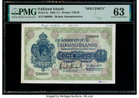 Falkland Islands Government of the Falkland Islands 1 Pound 19.5.1938 Pick 5s Specimen PMG Choice Uncirculated 63. Previously mounted and perforated c...