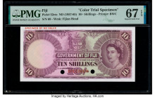 Fiji Government of Fiji 10 Shillings ND (1957-65) Pick 52cts Color Trial Specimen PMG Superb Gem Unc 67 EPQ. Cancelled with 2 punch holes. 

HID098012...