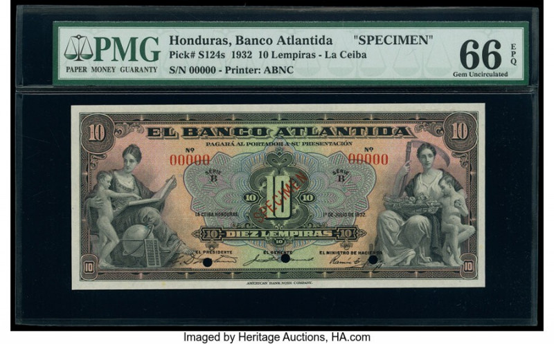 Honduras Banco Atlantida 10 Lempiras 1.7.1932 Pick S124s Specimen PMG Gem Uncirc...