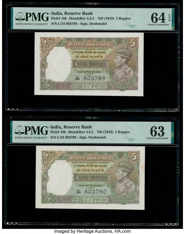 India Reserve Bank of India 5 Rupees ND (1943) Pick 18b Jhun4.3.2 Two Consecutiv...