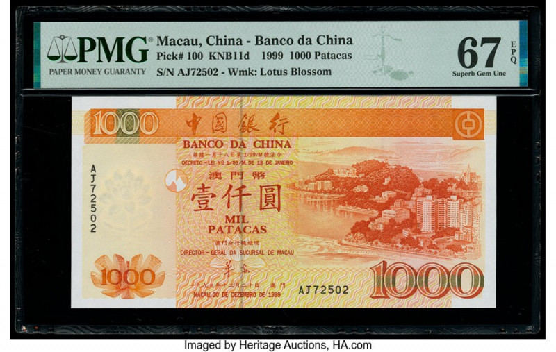 Macau Banco Da China 1000 Patacas 20.12.1999 Pick 100 KNB11d PMG Superb Gem Unc ...