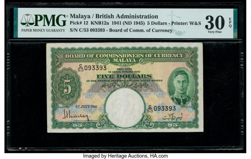 Malaya Board of Commissioners of Currency 5 Dollars 1.7.1941 (ND 1945) Pick 12 K...