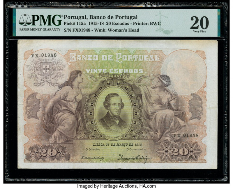 Portugal Banco de Portugal 20 Escudos 26.3.1918 Pick 115a PMG Very Fine 20. Mino...