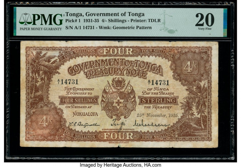 Tonga Government of Tonga 4 Shillings 25.11.1935 Pick 1 PMG Very Fine 20. 

HID0...