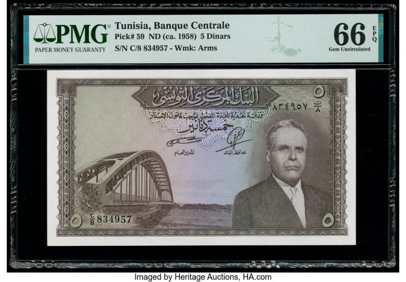 Tunisia Banque Centrale 5 Dinars ND (ca. 1958) Pick 59 PMG Gem Uncirculated 66 E...