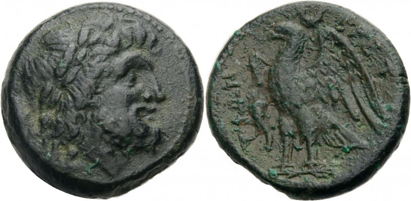 Bruttium. 
Brettioi. 
Ganzstück, 208-205 v. Chr. Bärtiger Zeuskopf mit L. n. r...