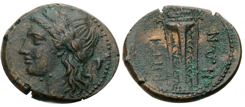 Bruttium. 
Rhegion. 
Bronze, 218-213 v. Chr. Apollonkopf mit L. n.l., dahinter...
