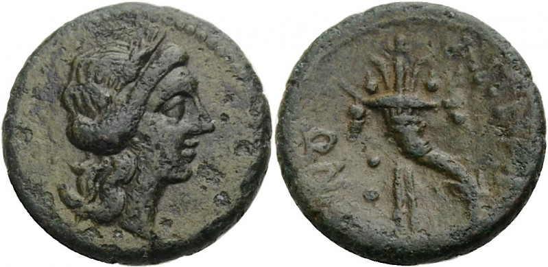 Sizilien. 
Aitna. 
Bronze Sextans, ca. 210-150 v. Chr. Kopf der Persephone mit...
