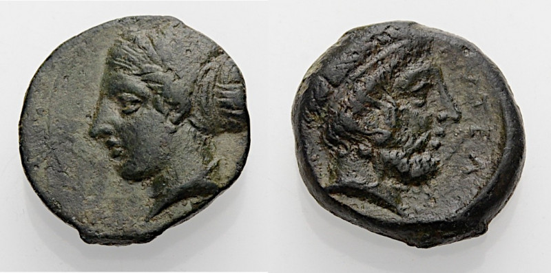 Sizilien. 
Entella. 
Tetras, Bronze, um 410 v. Chr. Nymphenkopf n.l., das Haar...