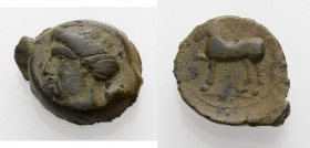 Sizilien. 
Eryx. 
Onkia, 400-340 v. Chr. Nymphenkopf n.l., das Haar auf dem Hinterkopf in einem Schopf. Rv. Pferd n.l. stehend, das r. Vorderbein an...