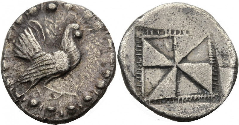 Sizilien. 
Himera. 
Drachme, Kraay Gp. IVc 515-500 v. Chr. Hahn n. r. im Eiers...