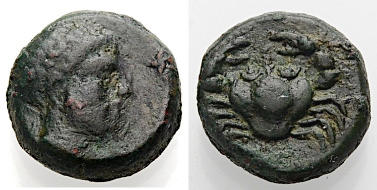 Sizilien. 
Motya. 
Kleinbronze, 400-397 v. Chr. Männl. Kopf n. r. Rv. Krabbe. ...