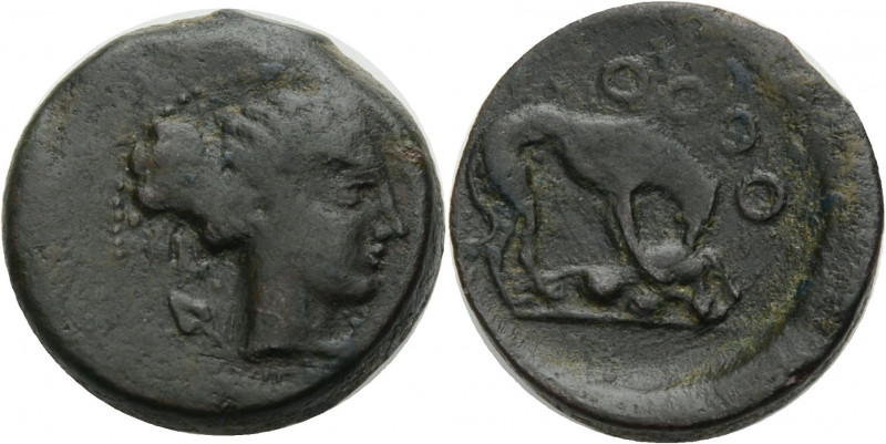 Sizilien. 
Segesta. 
Trias, 420-410 v. Chr. Kopf der Nymphe Aigeste n. r. mit ...