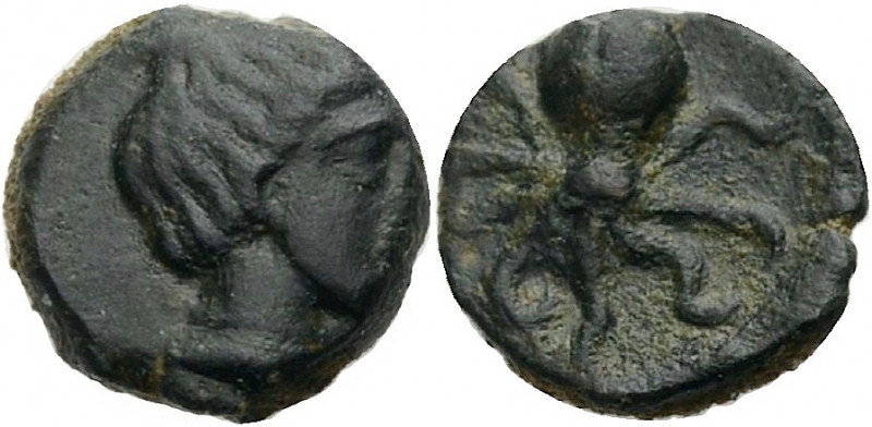Sizilien. 
Syrakus. 
Onkia, Bronze, um 425 v. Chr. Arethusakopf n.r., das Haar...