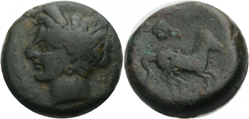 Sizilien. 
Sikulopunier. 
Kleinbronze, 4. Jh. v. Chr. Tanitkopf mit Ährenkranz...
