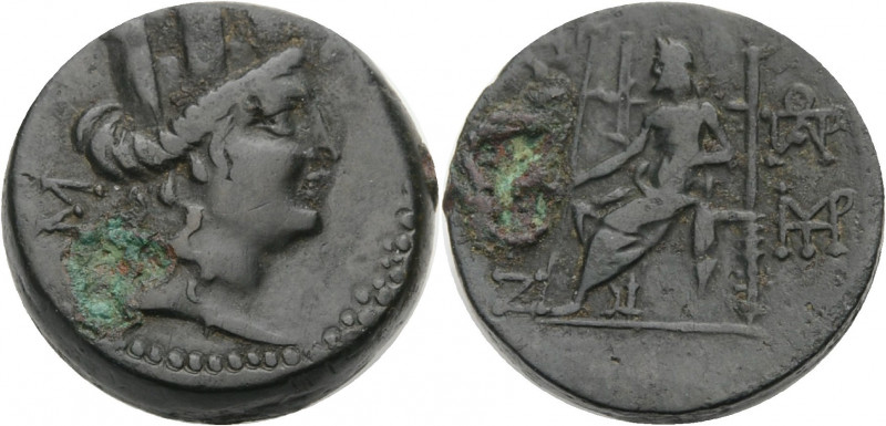 Kilikien. 
Tarsos. 
Bronze, 2./1. Jh. Tychekopf mit Mauerkrone n.r., im Felde ...