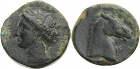 Zeugitania. 
Karthago. 
Bronze, Sardinien, 300-264 v. Chr. Tanitkopf mit Ährenkranz n.l. Rv. Pferdekopf n.r. 5,15 g. SNG&nbsp;Cop.&nbsp;149-150. Lei...