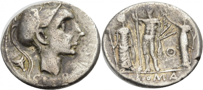 Römische Republik. 
Cn. Blasio, 112-111 v. Chr. Denar. CN BLASIO. C NF Kopf des...