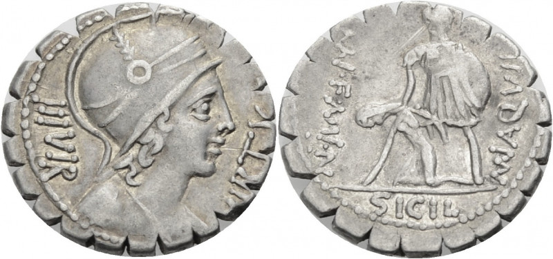 Römische Republik. 
Mn. Aquillius, 71 v. Chr. Serratus. VIRTVS - III.VIR Virtus...