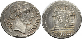 Römische Republik. 
L. Scribonius Libo, 62 v. Chr. Denar. BON EVENT - LIBO Kopf des Bonus Eventus mit breitem D. n. r. Rv. PVTEAL / SCRIBON Puteal Sc...