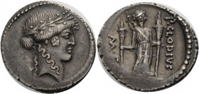 Römische Republik. 
P. Clodius Turrinus, 42 v. Chr. Denar. Apollonkopf mit L. n. r., im Felde l. Kithara. Rv. P. CLODIVS - M.F. Diana Lucifera mit zw...