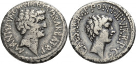 Imperatorische Prägungen. 
Marcus Antonius und Octavianus, Denar des Quästors M.Barbatius, 41 v. Chr. M.ANT.IMP.AVG.III.VIR.R.P.C.M.BARBAT.Q.P. Kopf ...