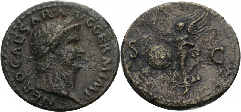 Kaiserzeit. 
Nero, 54-68. As, 65. Kopf mit l. n.r. Rv. S-C Victoria n.l. fliege...