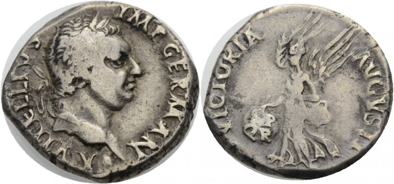 Kaiserzeit. 
Vitellius, 69. Denar, Lyon. Kopf mit L. n.r., Globus an Büstenspit...