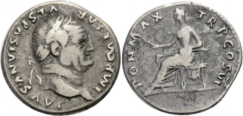Kaiserzeit. 
Vespasianus, 69-79. Denar, 76 Büste mit L. n. r. Rv. PON MAX- TRP ...