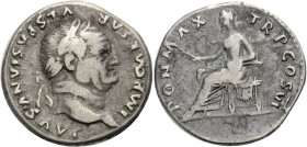 Kaiserzeit. 
Vespasianus, 69-79. Denar, 76 Büste mit L. n. r. Rv. PON MAX- TRP COS VI Pax n.l. thronend, Zweig in der Rechten haltend. 3,38 g. RIC&nb...