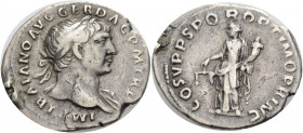 Kaiserzeit. 
Trajanus, 98-117. Denar, ca. 108-109 Büste n. r. mit L. und Schulterdrapierung. Rv. COS V PP SPQR OPTIMO PRINC Aequitas n.l. stehend, Wa...