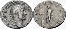 Kaiserzeit. 
Hadrianus, 117-138. Denar, 121. Büste mit L. n. r. Rv. P M T R P COS III Bonus Eventus frontal stehend, Kopf l., in der Rechten Patera ü...