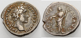Kaiserzeit. 
Antoninus Pius, 138-161. Denar 140-143 Büste mit L. n. r. Rv. AEQVITAS AVG Aequitas n.l. stehend, Waage und Zepter haltend. 3,53 g. RIC&...