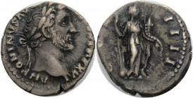 Kaiserzeit. 
Antoninus Pius, 138-161. Denar, 152-153 Büste mit L. n. r. Rv. COS IIII Fortuna n. r. stehend, Zepter und Füllhorn haltend. 3,29 g. RIC&...