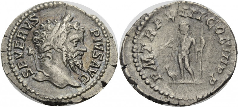 Kaiserzeit. 
Septimius Severus, 193-211. Denar, 205 Büste mit L. n. r. SEVERVS-...