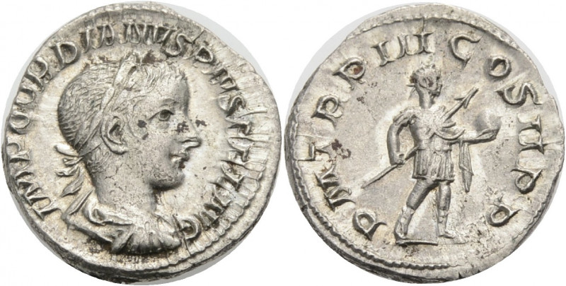 Kaiserzeit. 
Gordianus III., 238-244. Denar, 241-243 Drap., gep. Büste mit L. n...