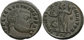Kaiserzeit. 
Licinius I., 308-324. Nummus, 313-315 Siscia. Kopf mit L. n. r. Rv. IOVI CONS-ERVATORI/ E/SIS Iuppiter n.l. stehend, Victoria und Zepter...