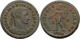 Kaiserzeit. 
Maximinus II. Daza Caesar, 305-309. Follis, 305-307 Trier. Gep. Büste mit L. n. r. Rv. GENIO POPV-LI ROMANI/S-F/PTR. Genius n.l. stehend...