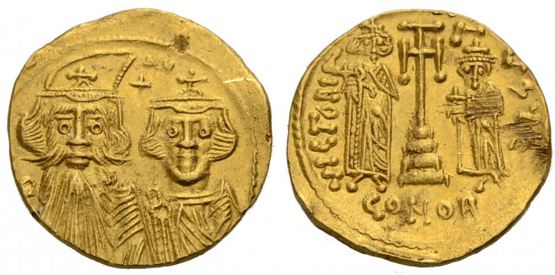 Constans II. mit Constantinus IV., 654-668. Mit Heraclius u. Tiberius. Solidus, ...