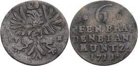 Brandenburg/-Preussen, Markgrafschaft, seit 1701. 
FRIEDRICH III., als König FRIEDRICH I., 1701-1713. 6 Pfennig 1711 HF-H, Magdeburg. Gekrönter Adler...