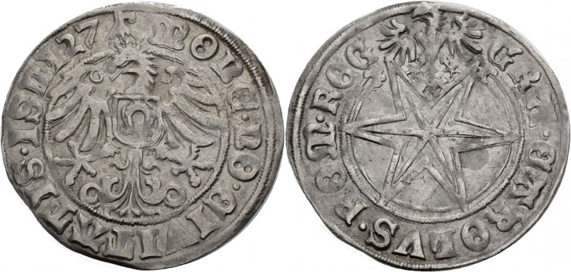 Isny, Stadt. 
Batzen 1527. Gekrönter Adler, auf der Brust Stadtschild. Rv. Sech...