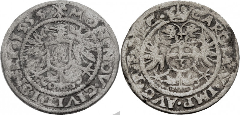 Isny, Stadt. 
Groschen 1555. Gekrönter Adler mit Stadtschild auf der Brust. Rv....