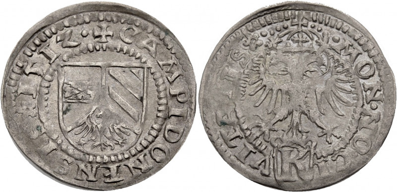Kempten, Stadt. 
Halbbatzen 1512. Wappenschild. Rv. Gekrönter Doppeladler, unte...