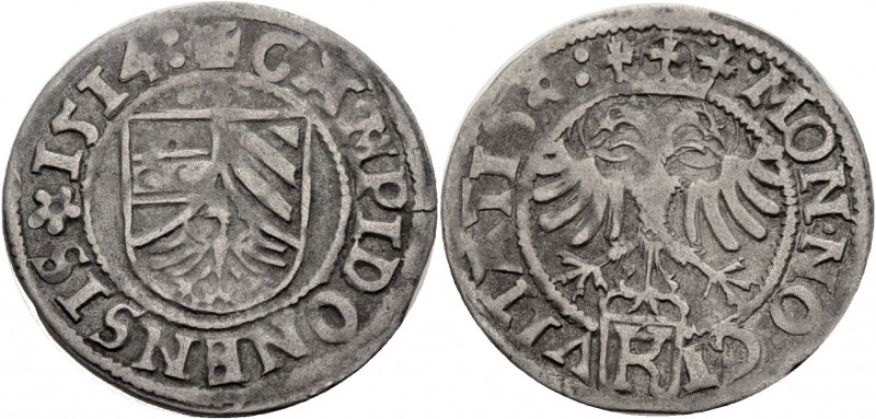 Kempten, Stadt. 
Halbbatzen 1514. Wappenschild. Rv. Gekrönter Doppeladler, unte...