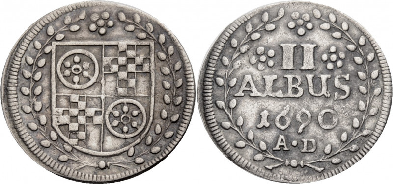 Mainz, Erzbistum. 
ANSELM FRANZ VON INGELHEIM, 1679-1695. 2 Albus 1690. Wappen....