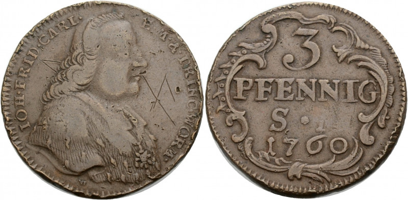Mainz, Erzbistum. 
JOHANN FRIEDRICH KARL VON OSTEIN, 1743-1763. 3 Pfennig 1760 ...