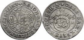 Sachsen/-Alb. Linie, Kurfürstentum nach 1547. 
JOHANN GEORG II., 1656-1680. 1/24 Taler 1665, Dresden. Wappen. Rv. Reichsapfel mit Wertzahl 24 zwische...