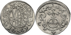 Sachsen/-Alb. Linie, Kurfürstentum nach 1547. 
JOHANN GEORG II., 1656-1680. 3 Pfennig 1669, Dresden. Ovales Doppelwappen in Kartusche, darunter Jahre...