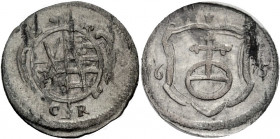 Sachsen/-Alb. Linie, Kurfürstentum nach 1547. 
JOHANN GEORG II., 1656-1680. Pfennig 1675 Dresden. Verziertes Wappen, darunter Mmz. CR Rv. Reichsapfel...